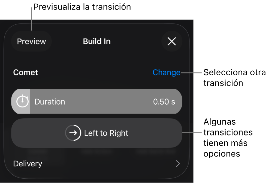 Controles del panel Opciones para modificar una transición.