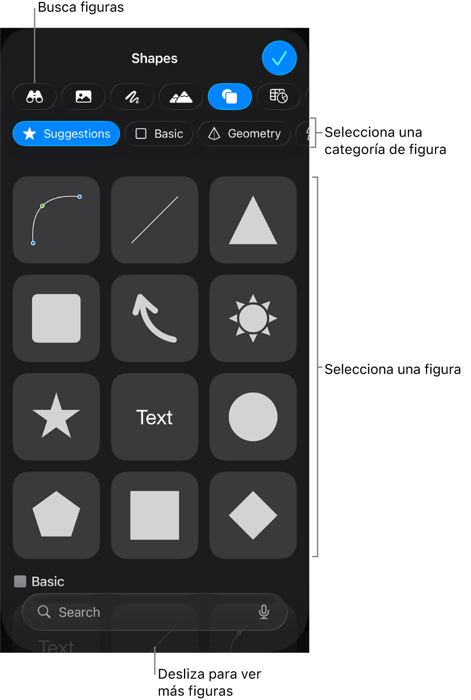 La biblioteca de figuras, con las categorías en la parte superior y las figuras mostradas abajo. Puede usar el campo de búsqueda de la parte superior para buscar figuras o deslizar para ver más.