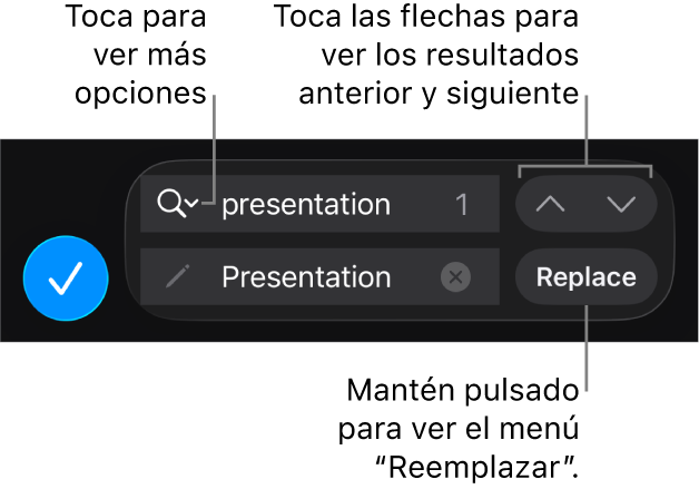Los controles de “Buscar y reemplazar” encima del teclado con los botones Reemplazar, Arriba y Abajo y una flecha para “Opciones de búsqueda”.