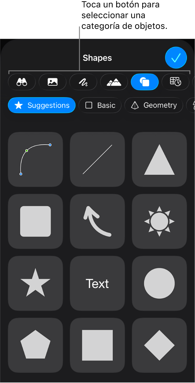 Los controles para añadir un objeto, con botones en la parte superior para seleccionar tablas, gráficas, figuras (líneas y cuadros de texto incluidos) y contenidos.