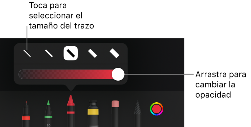 Controles para seleccionar un tamaño de trazo y un regulador para ajustar la opacidad.