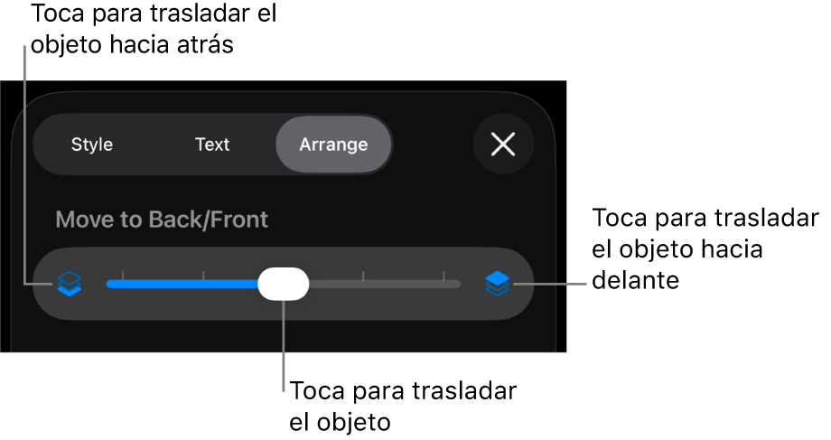 Botón “Mover hacia atrás”, botón “Mover hacia delante” y regulador de capa.