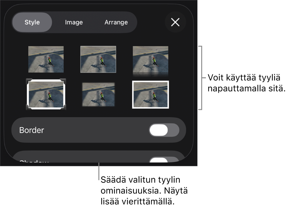 Muoto-valikon Tyyli-välilehti, jossa on ylhäällä objektityylejä ja niiden alla säädin, jolla muutetaan reunoja.