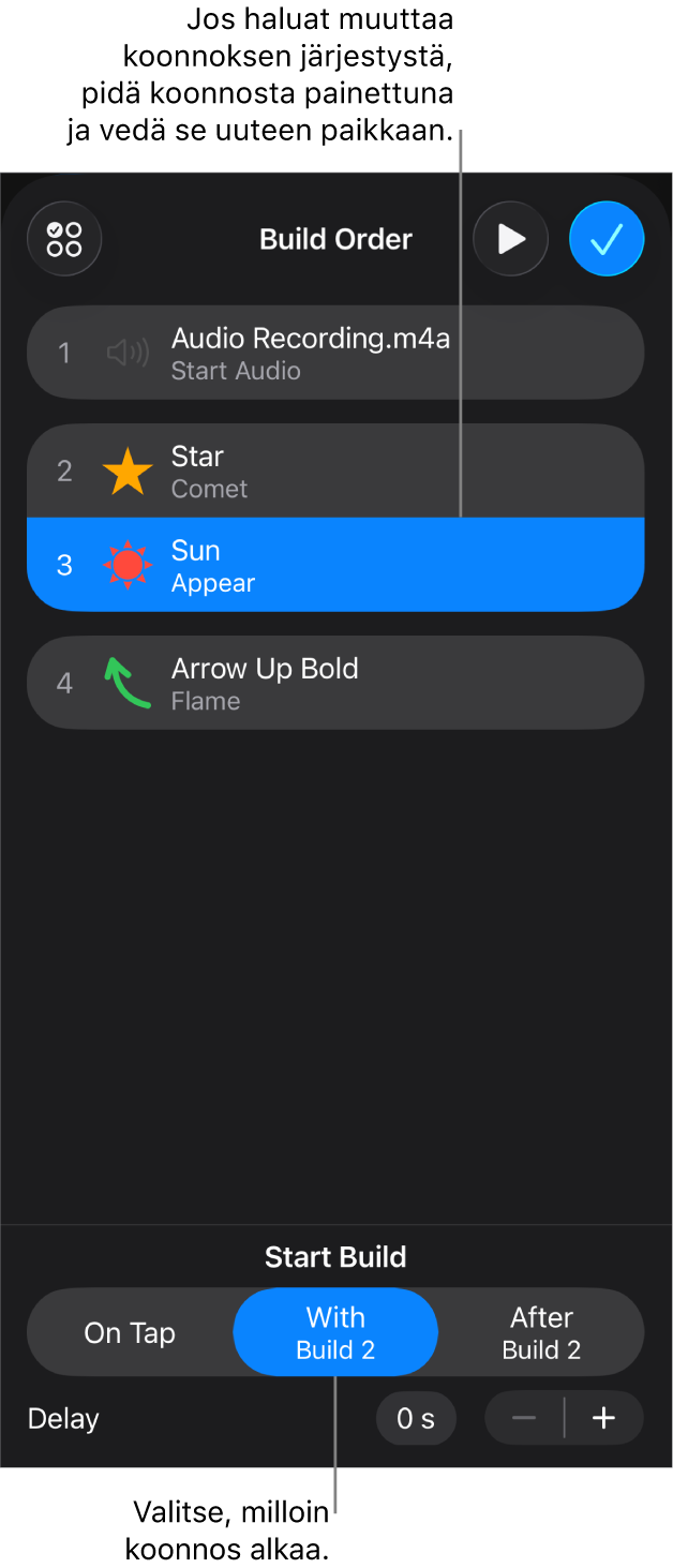 Koonnoksen järjestys -luettelo, jossa aloitustehosteissa on keltaisia merkkejä ja lopetustehosteissa harmaita merkkejä.