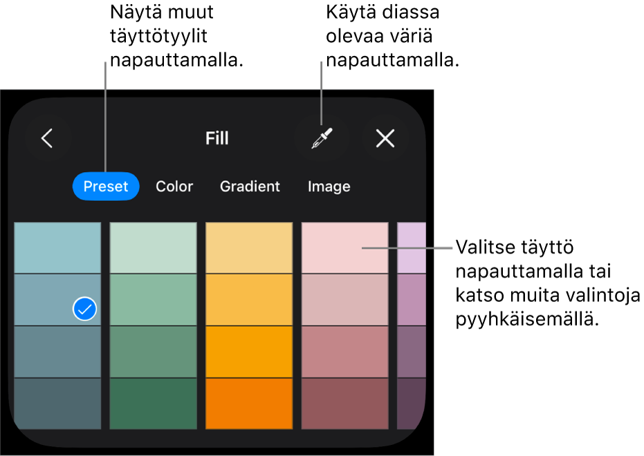 Tyyli-välilehden Täyttö-valinnat.