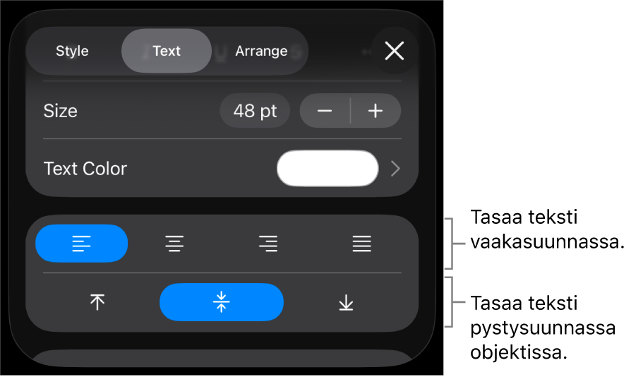 Muoto-painikkeen Tasaus-osio, jossa on selitteitä tekstin tasauspainikkeille.