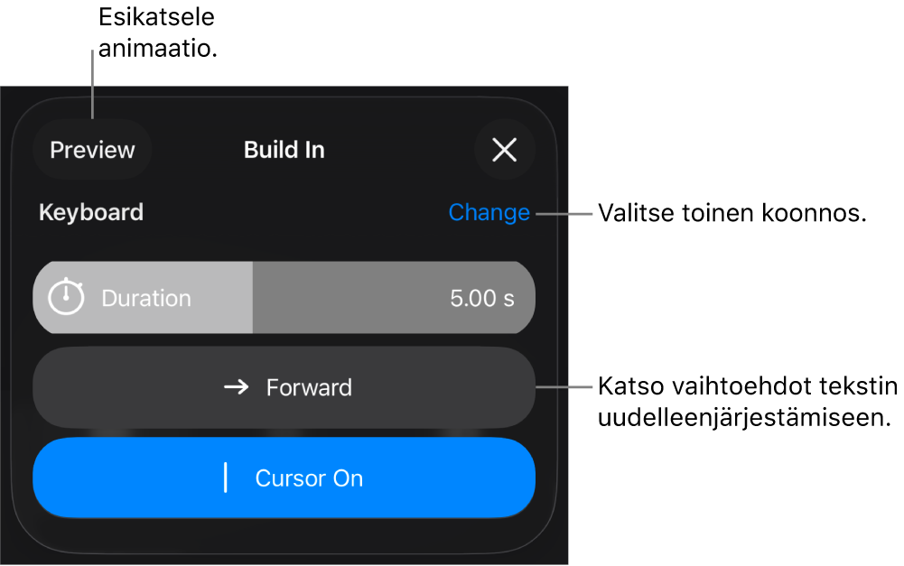 Aloitusvalintoihin sisältyy Kesto, Tekstin animointi ja Anto. Valitse toinen koonnos napauttamalla Muuta tai esikatsele koonnosta napauttamalla Esikatsele.