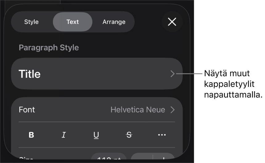 Muoto-valikko, jossa on tekstisäätimet kappale- ja merkkityylien, fontin, koon ja värin valitsemista varten.