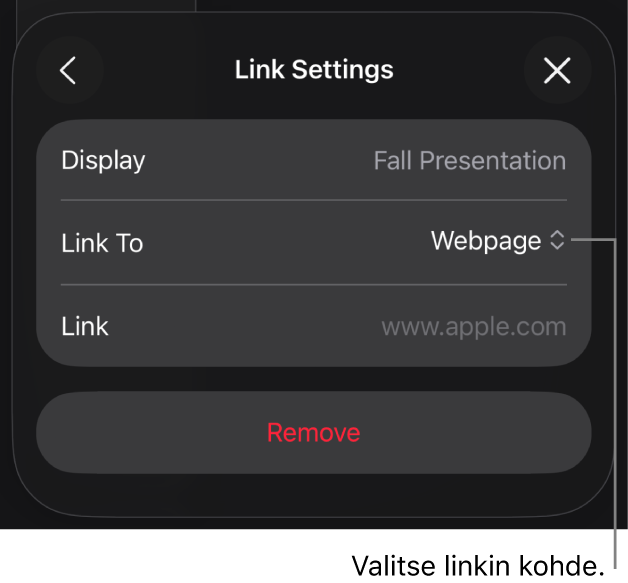 Linkkiasetukset-säätimet, joissa on valittuna Verkkosivu ja alhaalla on painike Poista.