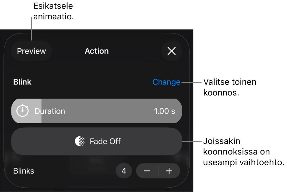 Koonnosvalintoihin sisältyy Kesto ja Aloituksen ajoitus. Valitse toinen koonnos napauttamalla Muuta tai esikatsele koonnosta napauttamalla Esikatsele.