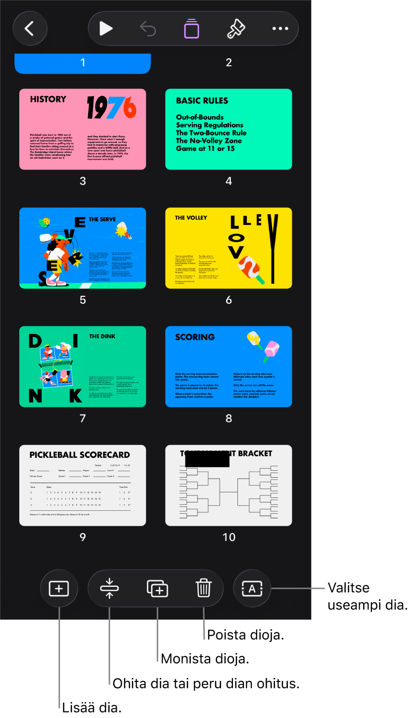 Valopöytänäkymä, ja näytön alareunassa on painikkeet diojen lisäämiselle, ohittamiselle, kopioimiselle ja poistamiselle sekä useiden diojen valitsemiselle.