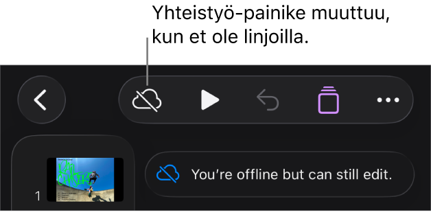 Näytön yläreunalla näkyy painikkeita, Yhteistyö-painike muuttuu pilven kuvaksi, jonka läpi menee vinottainen viiva. Näytöllä näkyvässä ilmoituksessa lukee ”Et ole linjoilla, mutta voit silti muokata.”