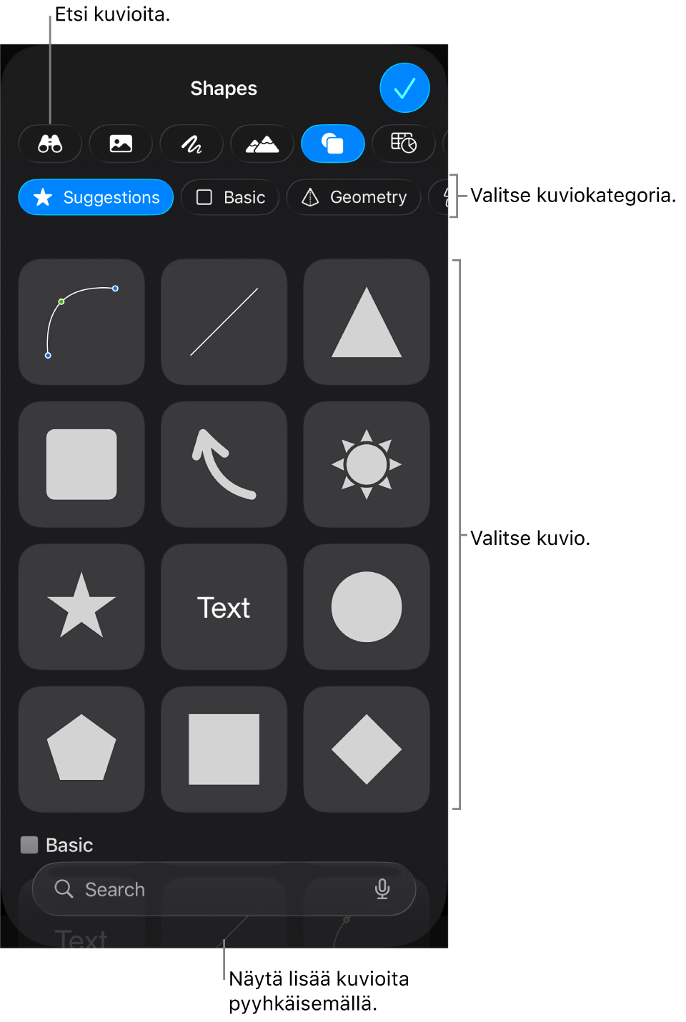 Kuviokirjasto, jossa näkyy yläreunassa kategorioita ja alla kuvioita. Voit etsiä kuvioita yläreunassa olevan hakukentän avulla ja näyttää niitä lisää pyyhkäisemällä.