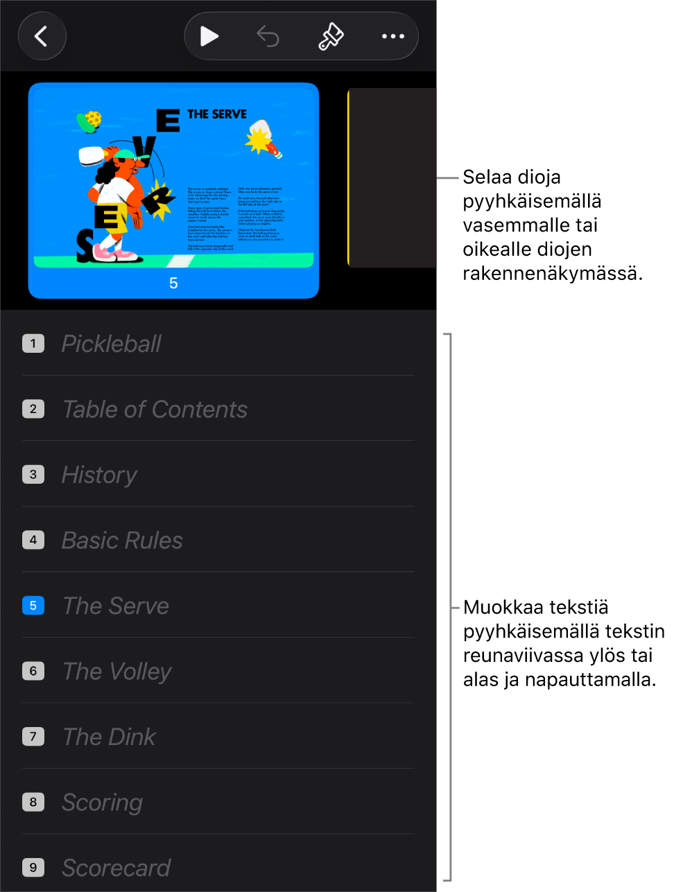 Hahmotelmanäkymä, jossa vaakasuuntainen diojen rakennenäkymä on näytön yläosassa ja tekstihahmotelma alaosassa.