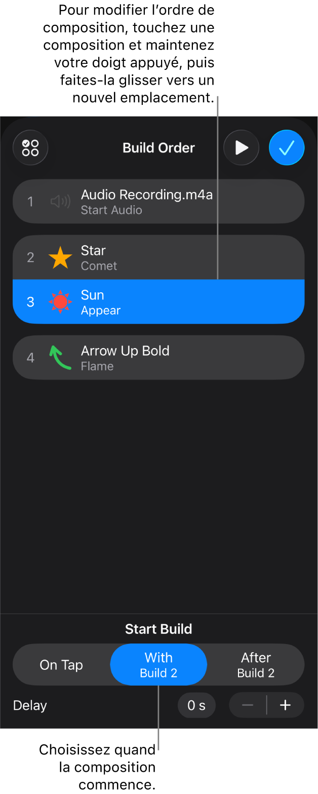 Liste Ordre de composition affichant les effets d’entrée avec des pastilles jaunes et les effets de sortie avec des pastilles grises.