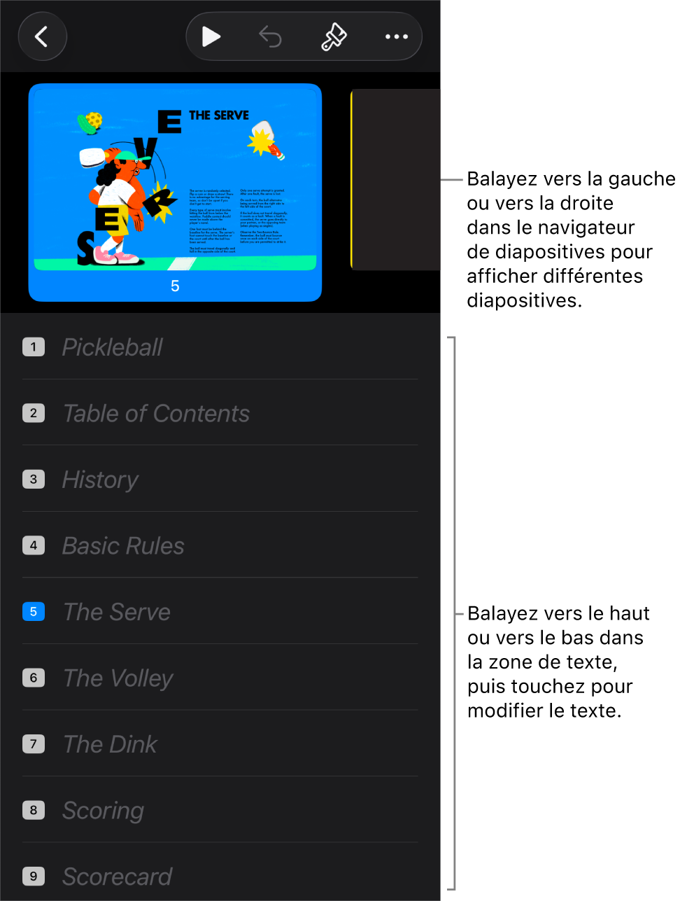 Mode Structure accompagné du navigateur de diapositives horizontal en haut de l’écran et de la structure en texte au bas.