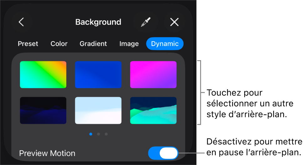Les commandes de l’arrière-plan dynamique accompagnées des vignettes de styles d’arrière-plans et le bouton Aperçu sont affichés.