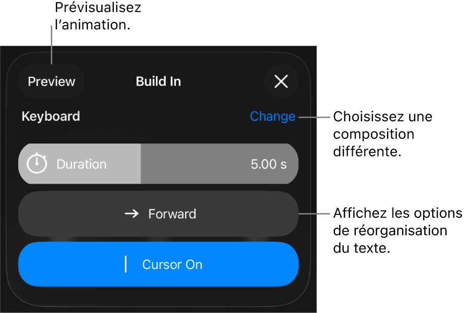 Les options d’entrée comprennent Durée, Animation du texte et Apparition. Touchez Modifier pour choisir une composition différente, ou touchez Aperçu pour la prévisualiser.