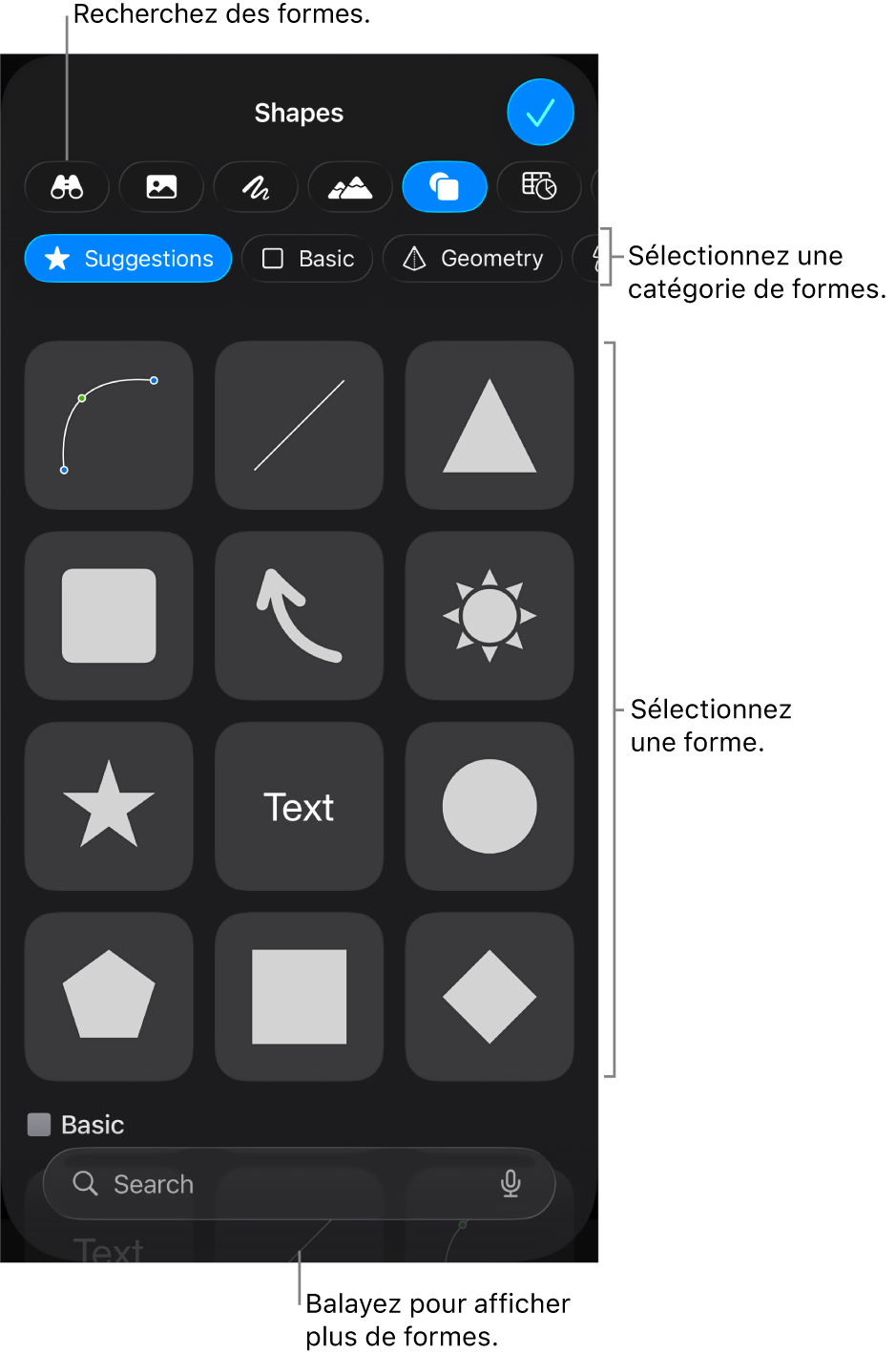 Bibliothèque de formes, les catégories étant affichées en haut et les formes, en bas. Utilisez le champ de recherche situé en haut pour rechercher des formes. Balayez également l’écran pour en trouver d’autres.