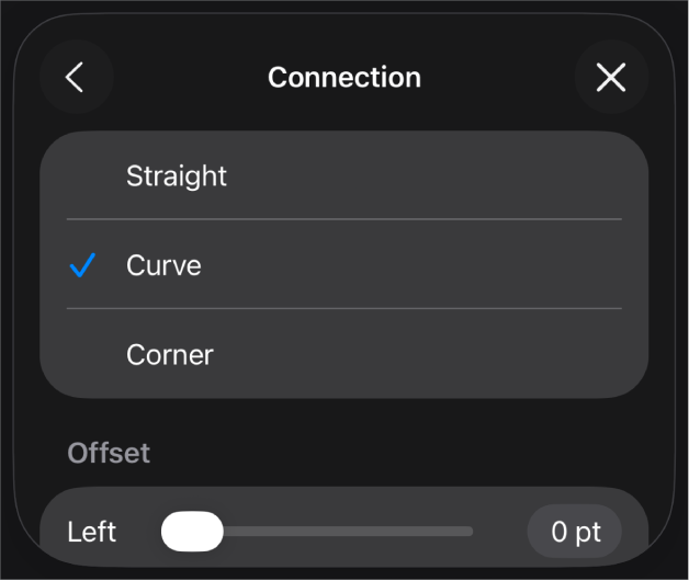 Les commandes Connexion avec l’option Courbe sélectionnée.