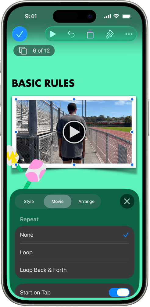 Les contrôles de format pour modifier la taille et l’apparence de la vidéo sélectionnée. Les boutons Style, Vidéo et Disposition se trouvent en haut des commandes.