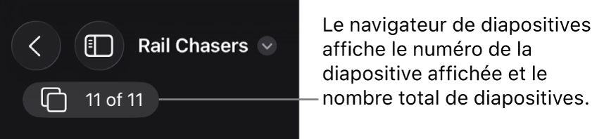 Le bouton du navigateur de diapositives affichant le numéro de la diapositive actuelle et le nombre total de diapositives dans la présentation.