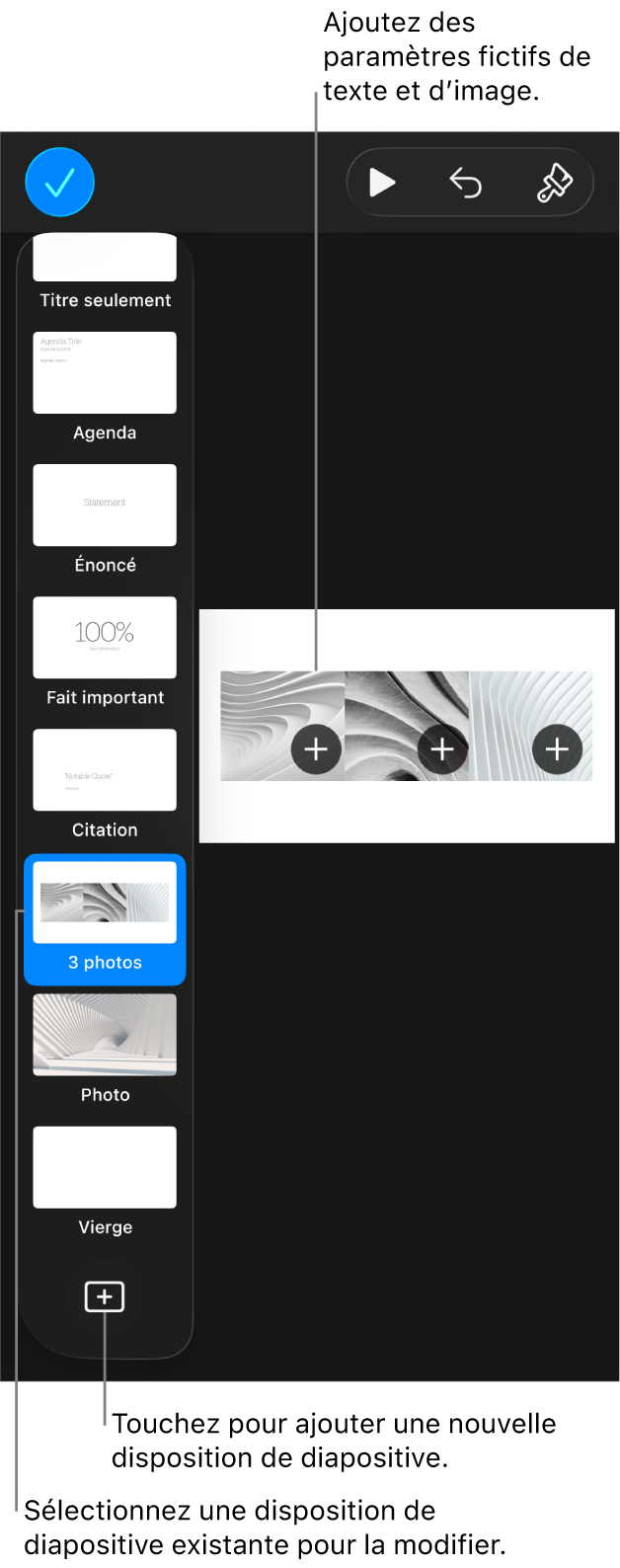 Une disposition de diapositive sur le canevas de diapositive, avec le bouton « Ajouter une disposition de diapositive » en bas du navigateur de diapositives.