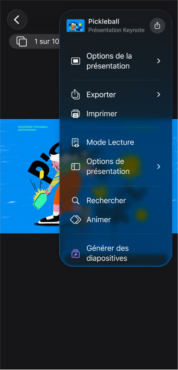 L’app Keynote avec les options Exporter dans le menu Plus de la barre d’outils.
