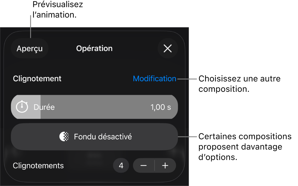Les options de composition comprennent les options de minutage Durée et Début. Touchez Modifier pour sélectionner une autre composition ou touchez Aperçu pour afficher un aperçu de la composition.