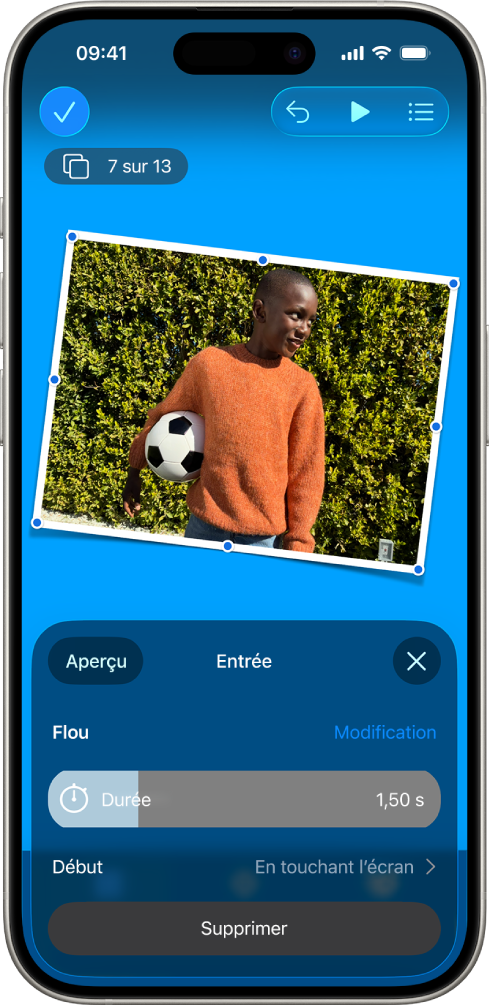 Les commandes d’animation pour l’image sélectionnée dans la diapositive. Au bas de l’écran se trouvent les commandes pour l’effet Entrée en cours d’utilisation.