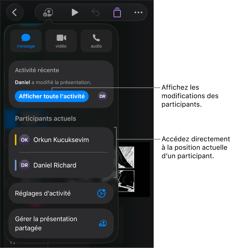 Le menu de collaboration répertoriant les participants actifs.