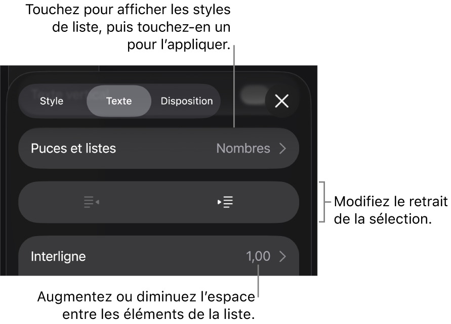 La section « Puces et listes » des commandes Format avec des légendes pour « Puces et listes », les boutons d’indentation et de suppression d’indentation et les commandes d’espacement entre les lignes.