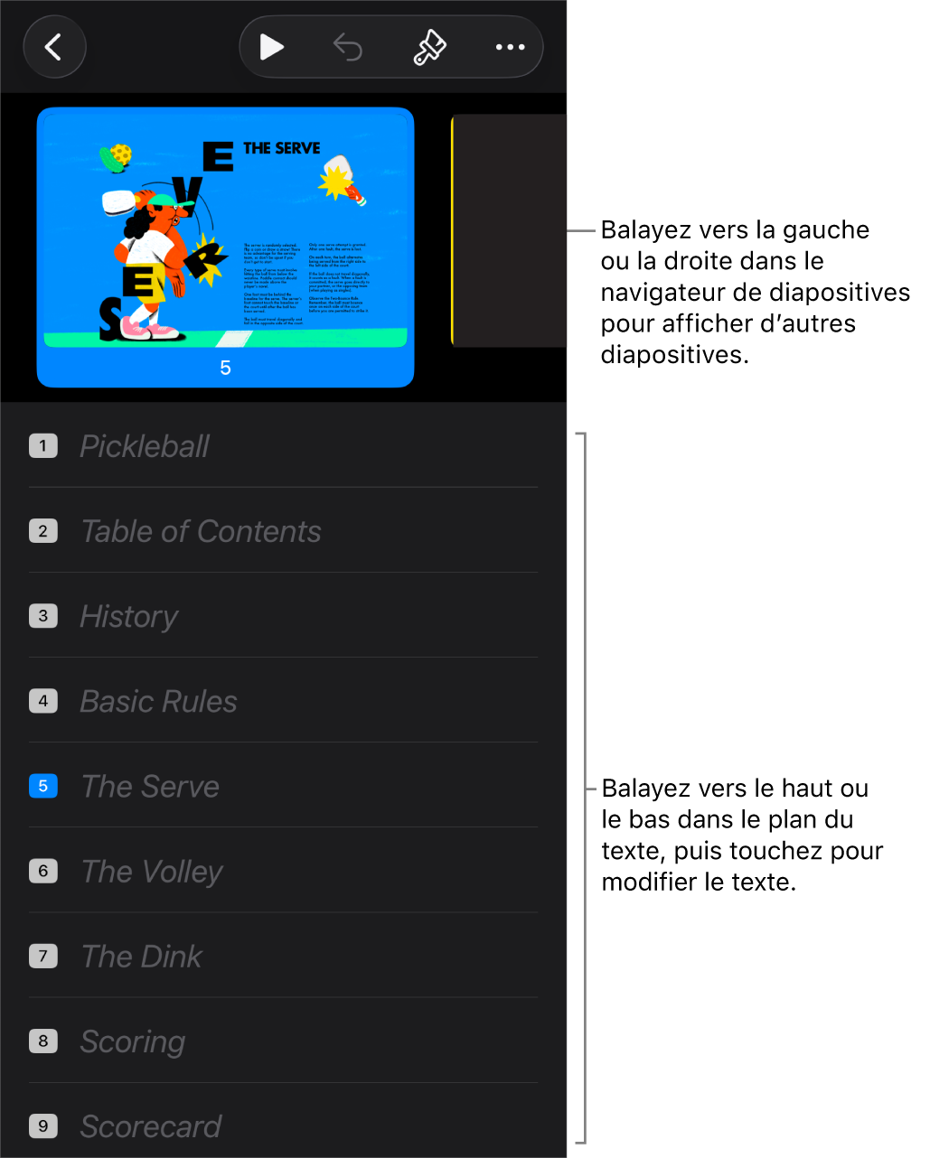 Le mode Structure avec le navigateur de diapositives horizontal en haut de l’écran et la structure de texte au bas de l’écran.