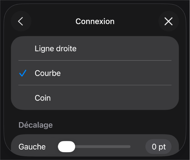 Les commandes Connexion avec l’option Courbe sélectionnée.