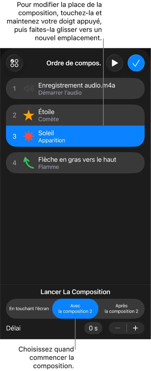 Liste Ordre de composition affichant les effets d’entrée avec des pastilles jaunes et les effets de sortie avec des pastilles grises.