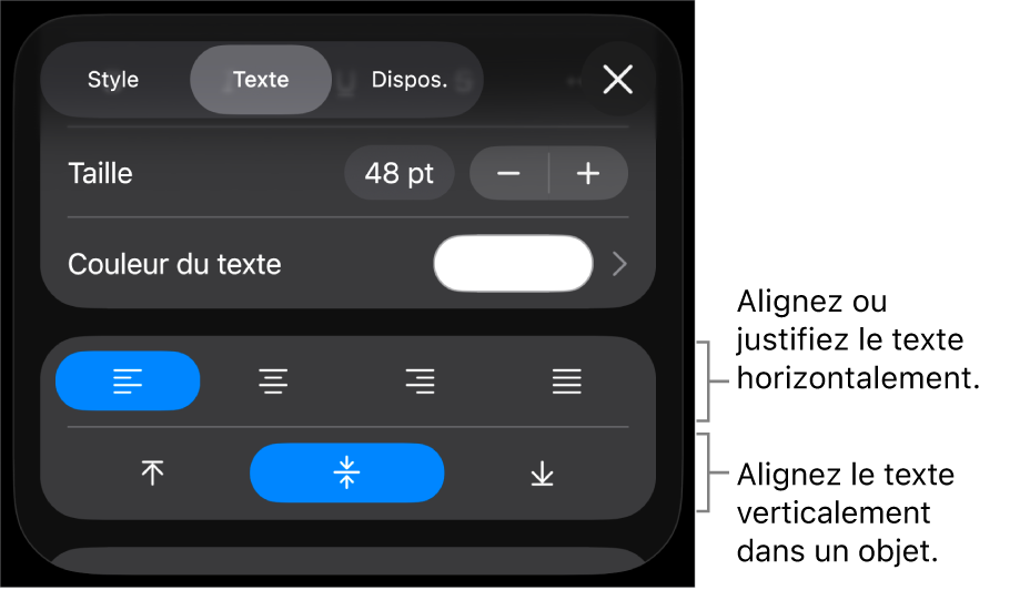 La section Alignement du bouton Format, avec des légendes pour les boutons d’alignement de texte.