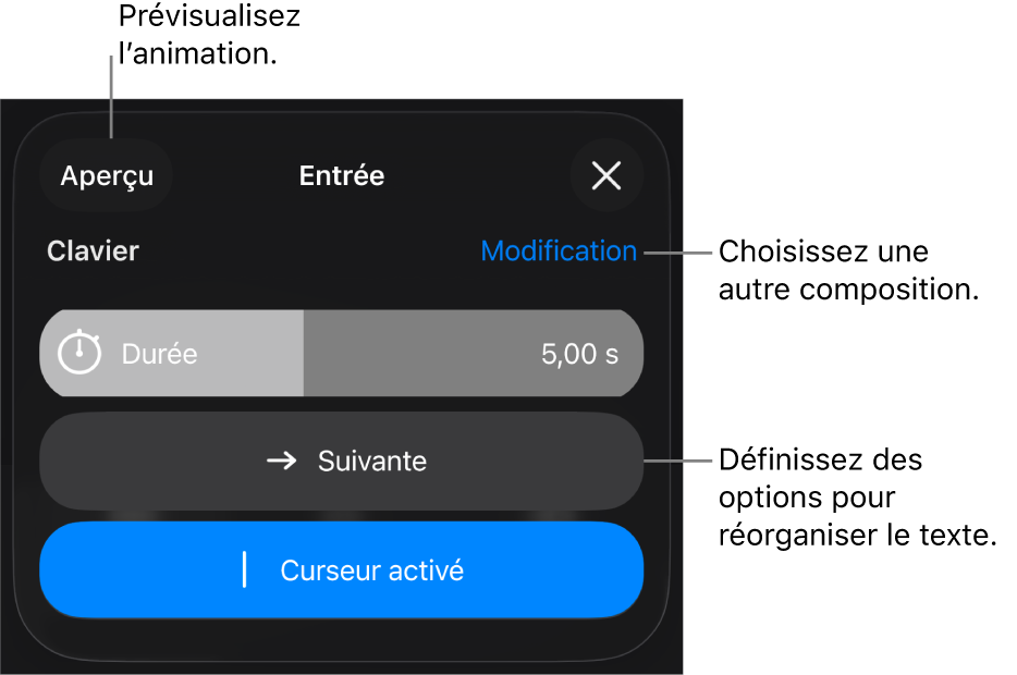 Les options d’entrée comprennent Durée, « Animation du texte » et Apparition. Touchez Modifier pour sélectionner une autre composition ou touchez Aperçu pour afficher un aperçu de la composition.