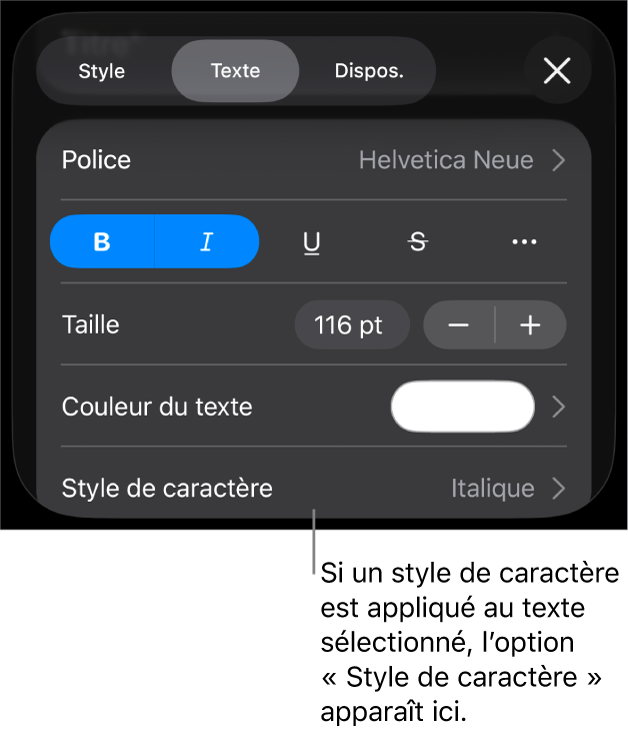 Commandes de mise en forme de texte avec Style de caractère au-dessous des commandes de couleur. Le style de caractère Aucun s’affiche avec un astérisque.