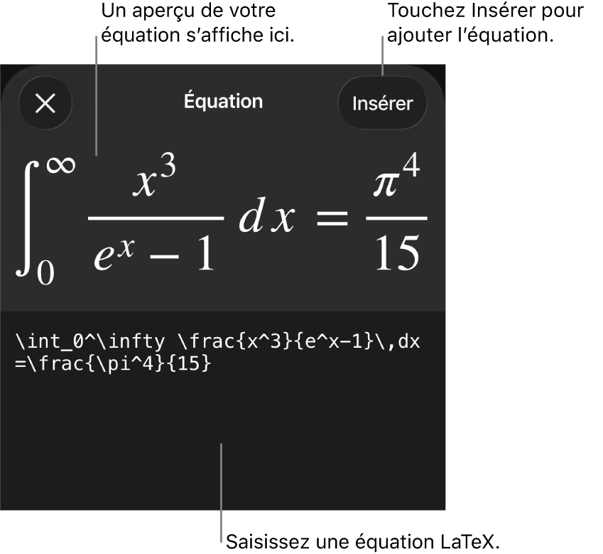 Zone de dialogue Équation, affichant une équation composée à l’aide des commandes LaTeX, et un aperçu de la formule au-dessus.