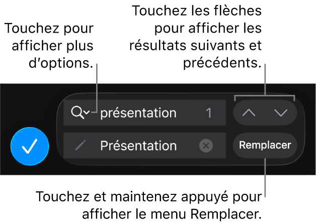 Les commandes « Rechercher et remplacer » au-dessus du clavier avec les boutons Remplacer, Monter et Descendre, et une flèche pointant vers « Options de recherche ».