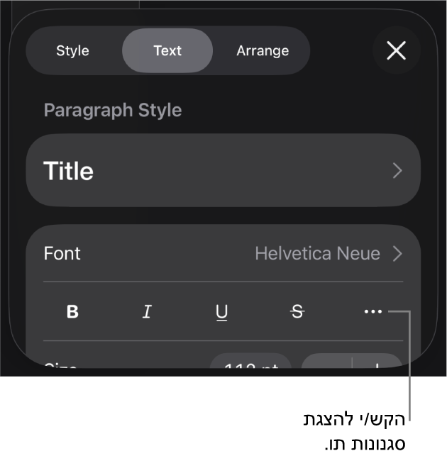 כלי הבקרה של ״עיצוב״ עם סגנונות פיסקה בראש כלי הבקרה של ״גופן״. מתחת ל״גופן״ נמצאים כפתורים של אפשרויות ״מלל״ כמו ״הדגשה״, ״קו תחתון״, ״קו חוצה״ ועוד.