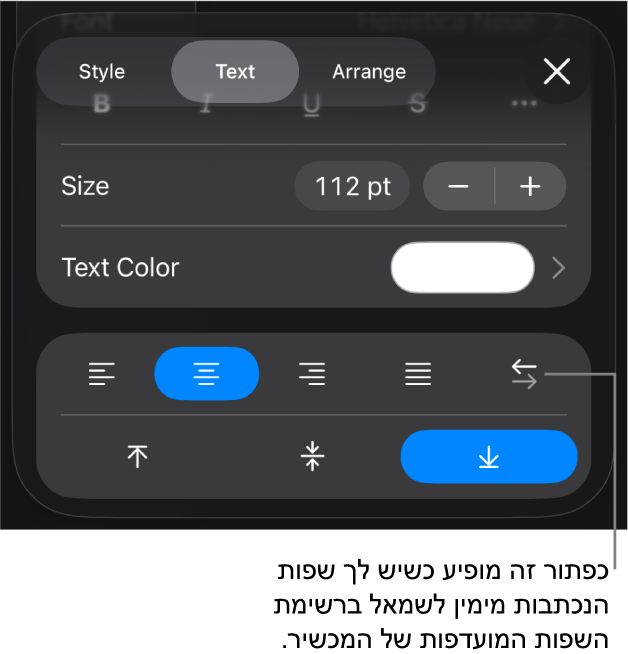 כלי בקרה של מלל בתפריט ״עיצוב״ עם הסבר על הכפתור ״מימין לשמאל״.
