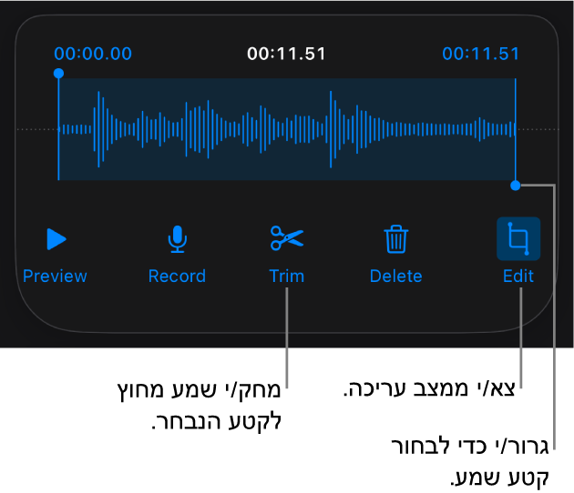 כלי הבקרה לעריכת שמע שהוקלט. ידיות האחיזה מציינות את המקטע שנבחר מתוך ההקלטה, והכפתורים ״תצוגה מקדימה״, ״הקלט״, ״חתוך״, ״מחק״ ו״מצב עריכה״ נמצאים מתחת.