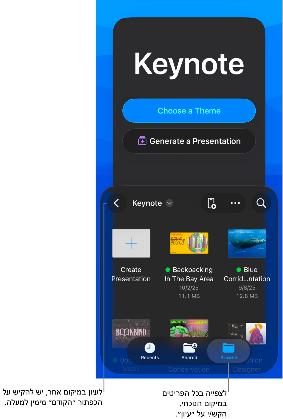 תצוגת העיון של מנהל המסמכים עם הכפתור ״הקודם״ בפינה הימנית העליונה ומתחתיו שדה חיפוש. בפינה השמאלית העליונה רואים את הכפתורים ״הוסף״, ״עוד״ ו״שלט״. בתחתית המסך ישנם הכפתורים ״אחרונים״, ״משותפים״ ו״עיון״.