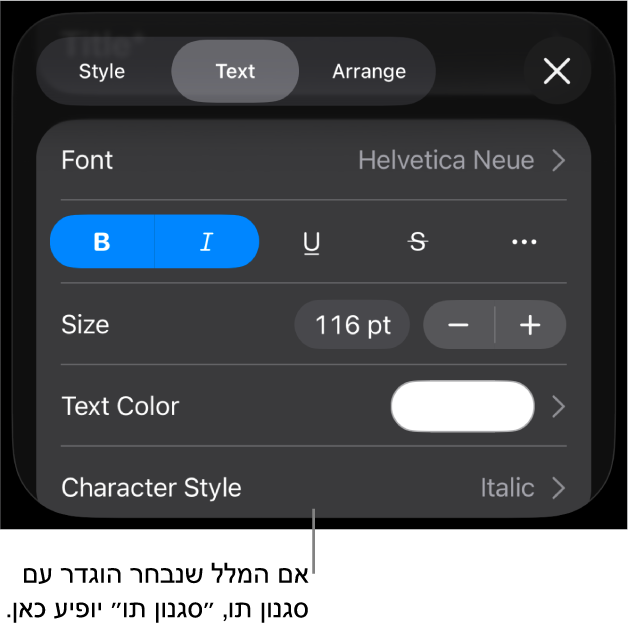 כלי הבקרה לעיצוב מלל עם ״סגנון תווים״ מתחת לכלי הבקרה של צבעים. סגנון התווים ״ללא״ מופיע עם כוכבית.