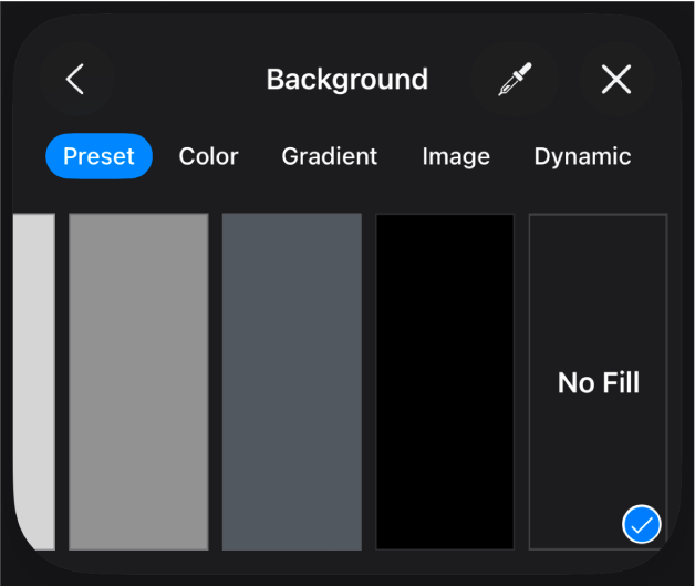 כלי הבקרה של ״מילוי״ שמתוכם נבחרה האפשרות ״ללא מילוי״.