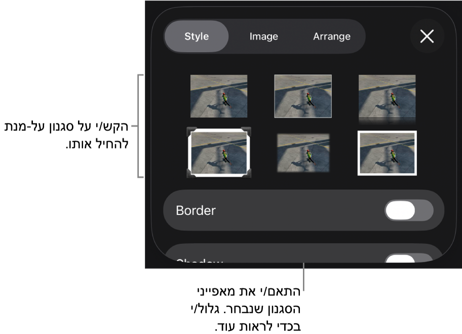 הכרטיסייה ״סגנון״ בתפריט ״עיצוב״ עם סגנונות אובייקטים בחלק העליון ומתחת להם כלי בקרה לשינוי הגבול.