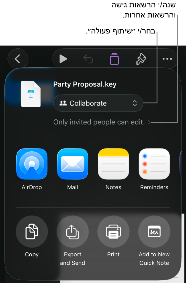 תפריט השיתוף כאשר האפשרות ״שיתוף פעולה״ נבחרת בחלק העליון ומתחתיה הגדרות הגישה וההרשאות.