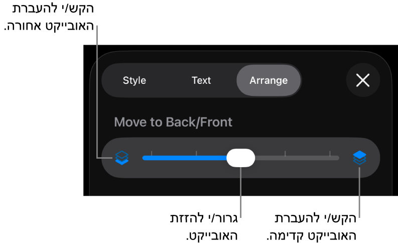 הכפתור ״העבר אחורה״, הכפתור ״העבר קדימה״ והמחוון של סידור בשכבות
