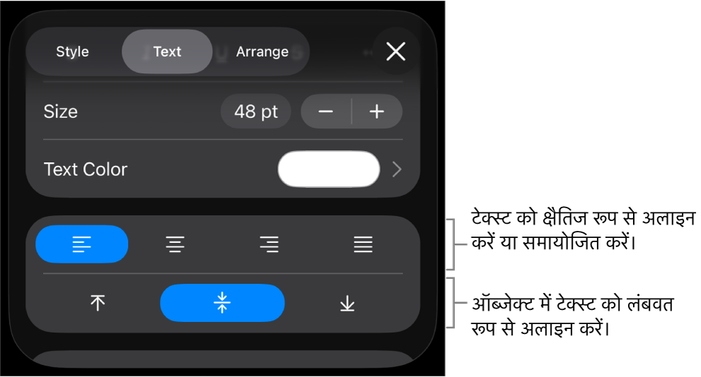 टेक्स्ट अलाइनमेंट बटन के लिए कॉलआउट वाला फ़ॉर्मैट बटन का “अलाइनमेंट” सेक्शन।